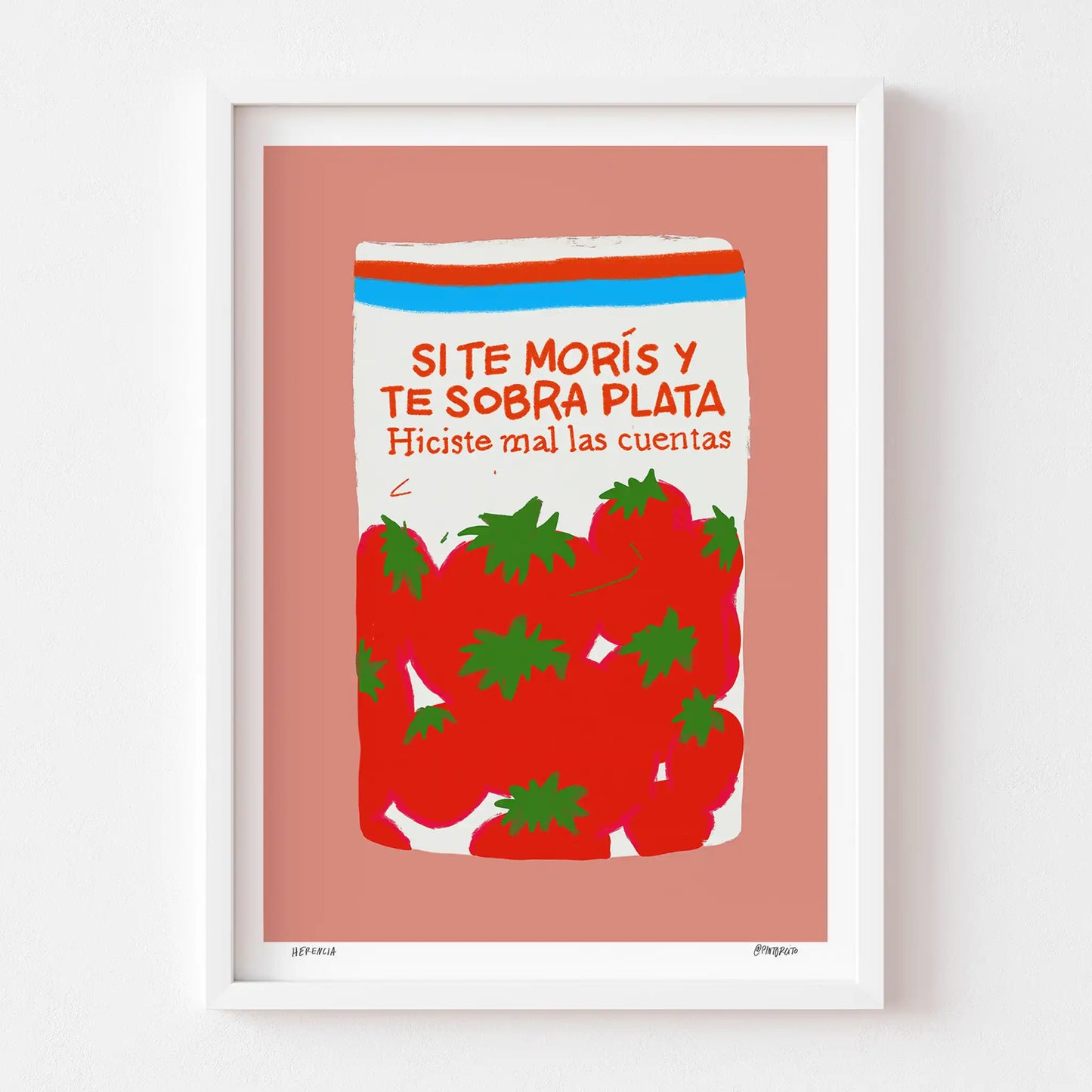Framed art print of a tin of tomatoes on a pink background