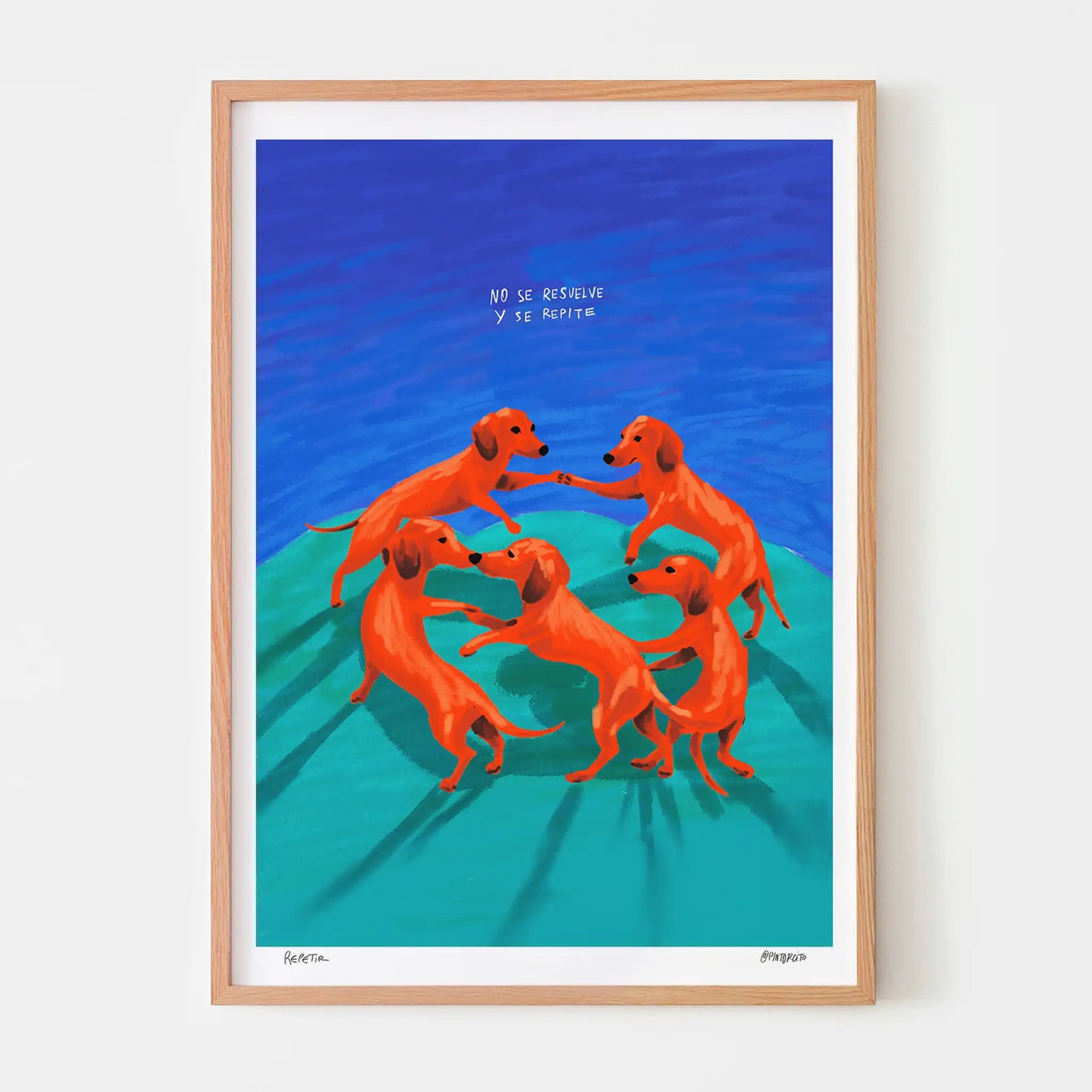 Oak framed art print of five red dogs in a circle on a blue and green background.