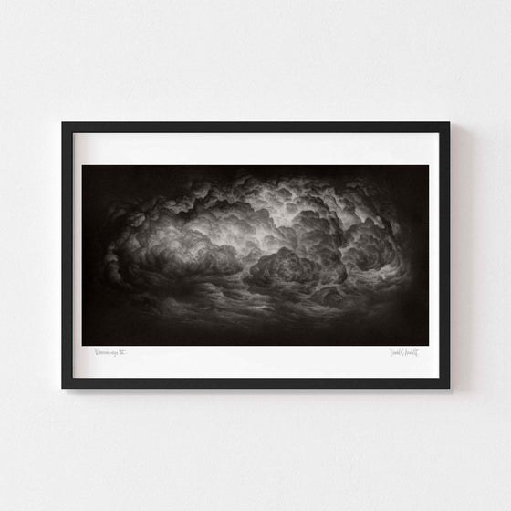 Large dramatic black and white art print of a cloud framed in black.