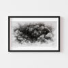 Large horizontal black and white wall artwork print of a cloud framed in black.