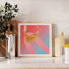 Colourful modern abstract art print in a kitchen.