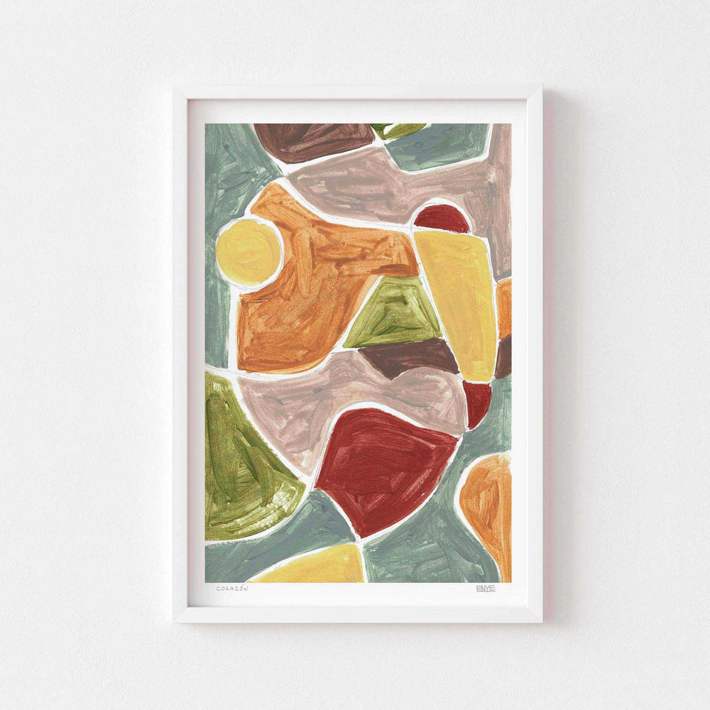 
                  
                    Modern abstract wall art poster with earth tones framed in white.
                  
                