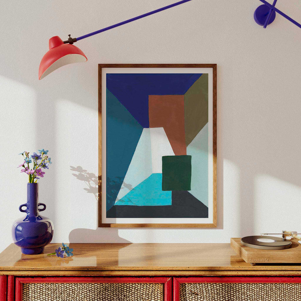 
                  
                    Geometric abstract wall art poster in a sunlit living room.
                  
                