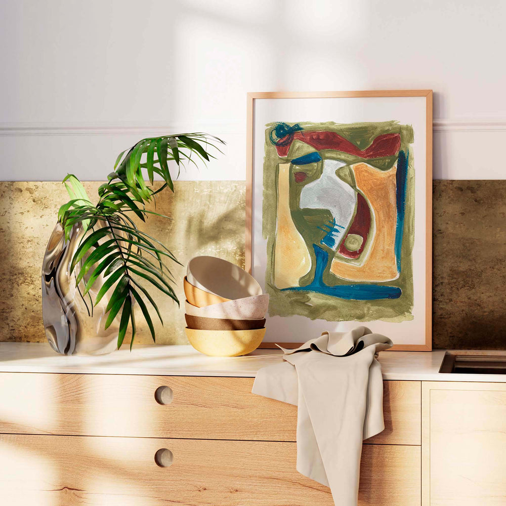 
                  
                    Modern abstract art poster framed and displayed in a kitchen.
                  
                