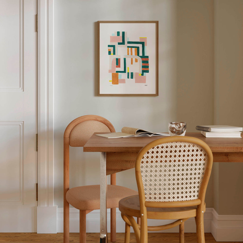 
                  
                    Neutral geometric art wall poster in a modern dining room.
                  
                