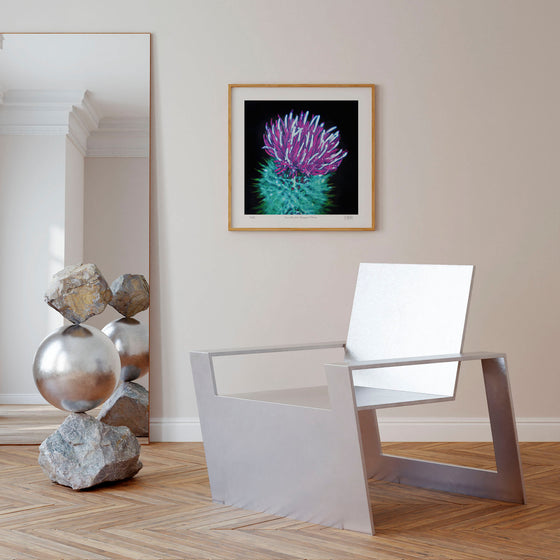 Purple and green square floral art print in a modern living room.