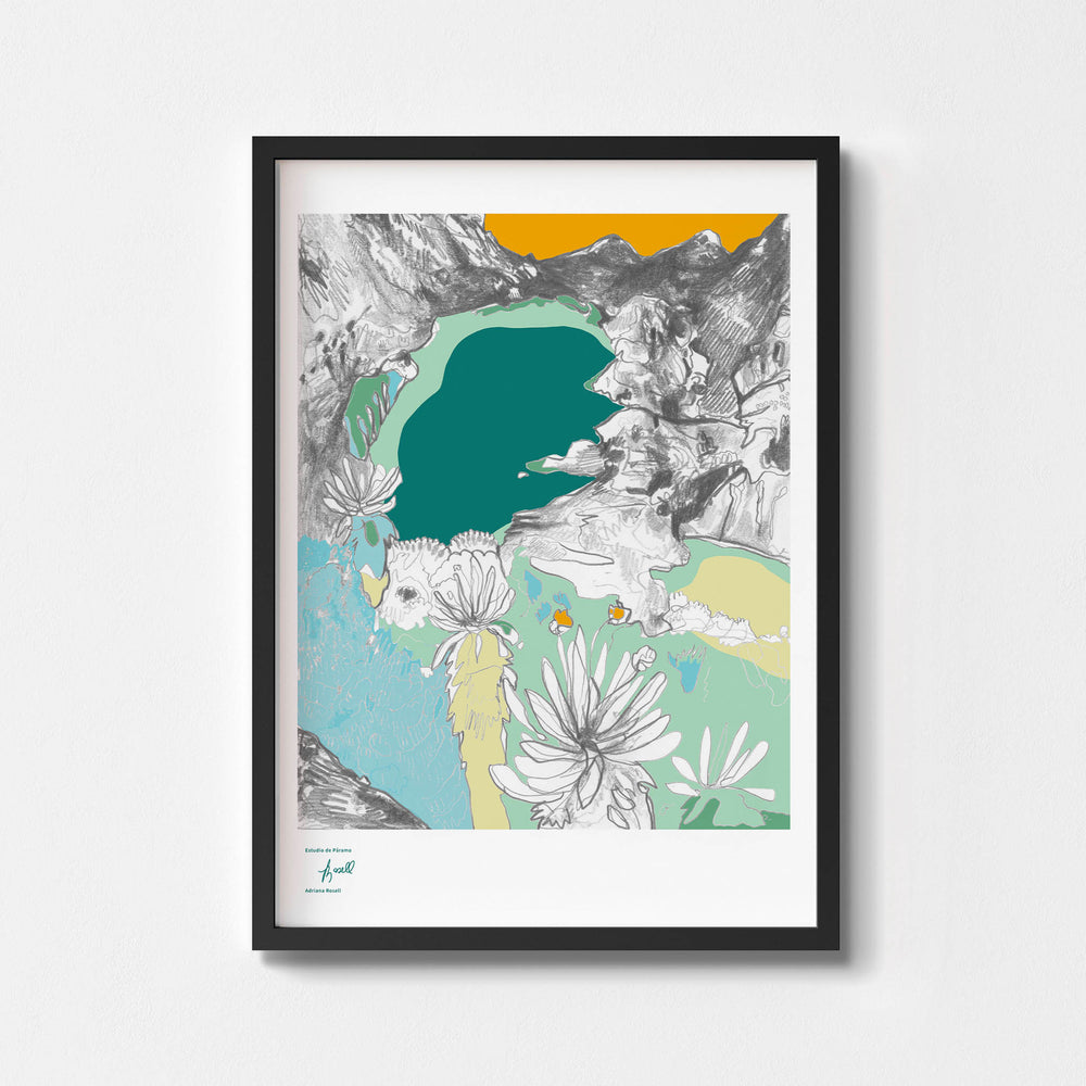 
                  
                    Detailed art print of a mountainous landscape in a black frame.
                  
                