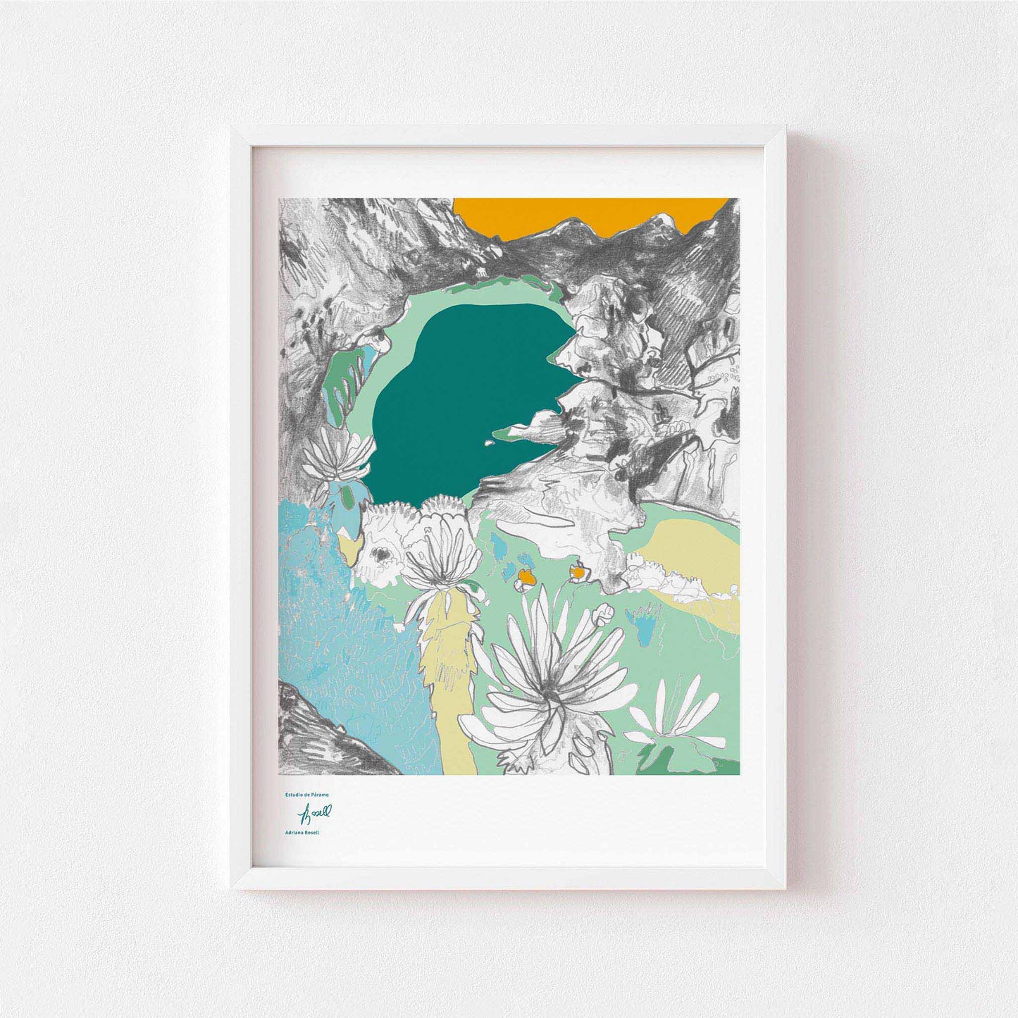 Light green and blue fine art print of a landscape in a white frame.