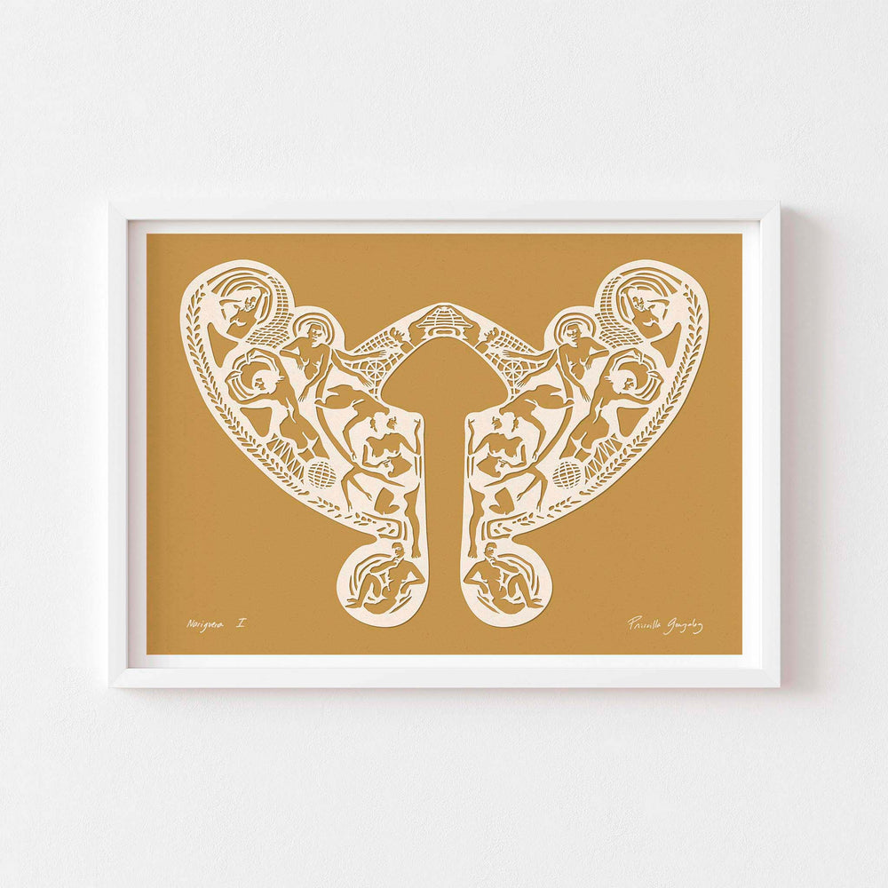 
                  
                    Yellow paper cut art wall print framed in white.
                  
                