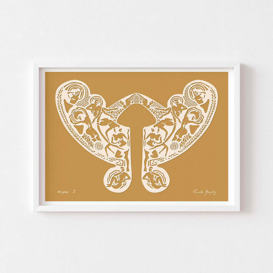 Yellow paper cut art wall print framed in white.