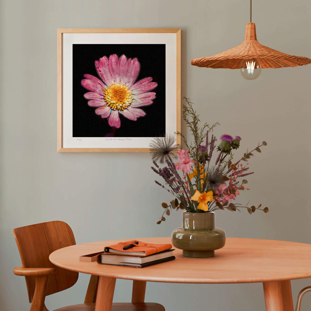 
                  
                    Daisy framed botanical print in a modern dining room
                  
                