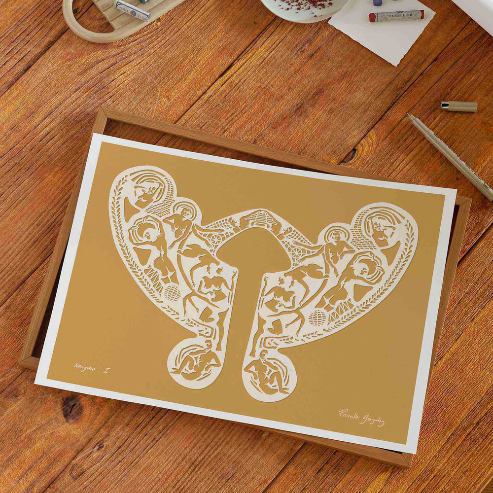 
                  
                    Unframed yellow paper cut art print on a desk in a neutral interior.
                  
                