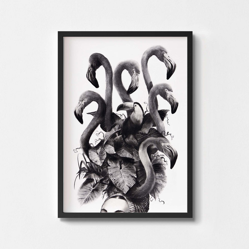 
                  
                    Black and white art print of a lady with a flamingo headdress in a black frame.
                  
                