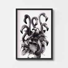  Black and white art print of a lady with a flamingo headdress in a black frame.