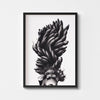 Black and white wall art print of a women wearing a banana headdress framed in black.