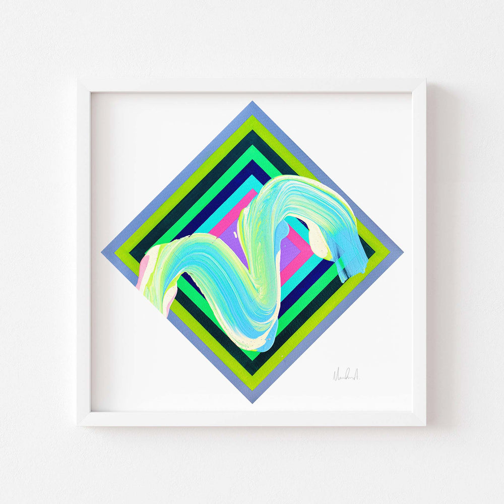 
                  
                    Bold green art print in a white frame.
                  
                