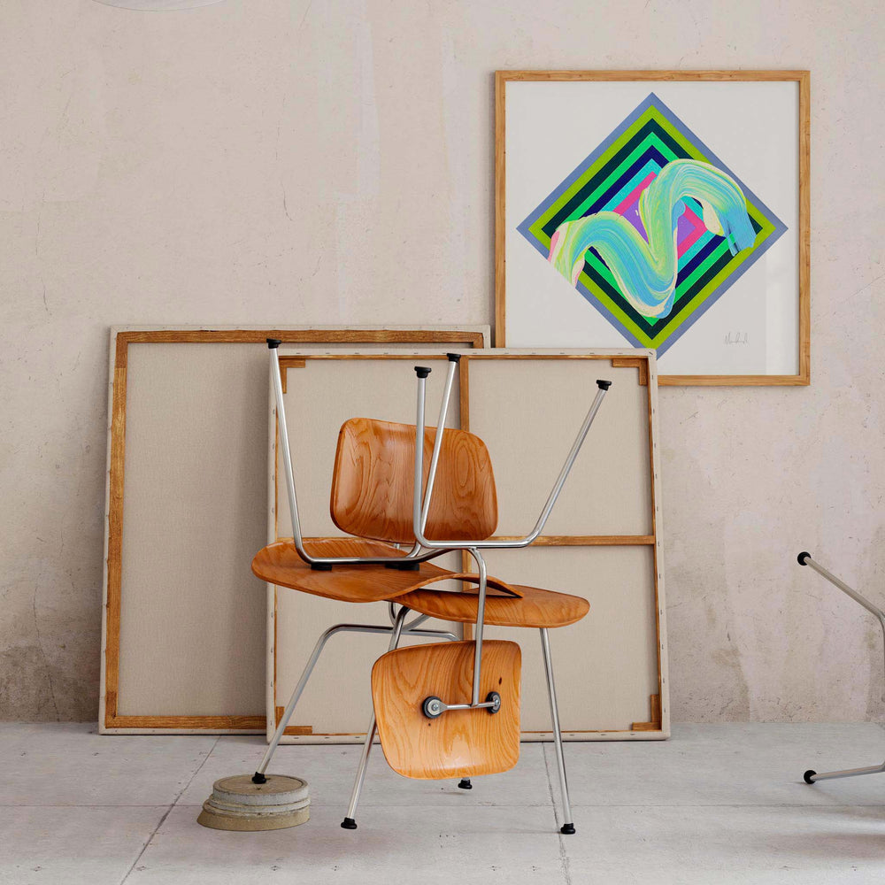 
                  
                    Green abstract art print in a modern neutral interior.
                  
                