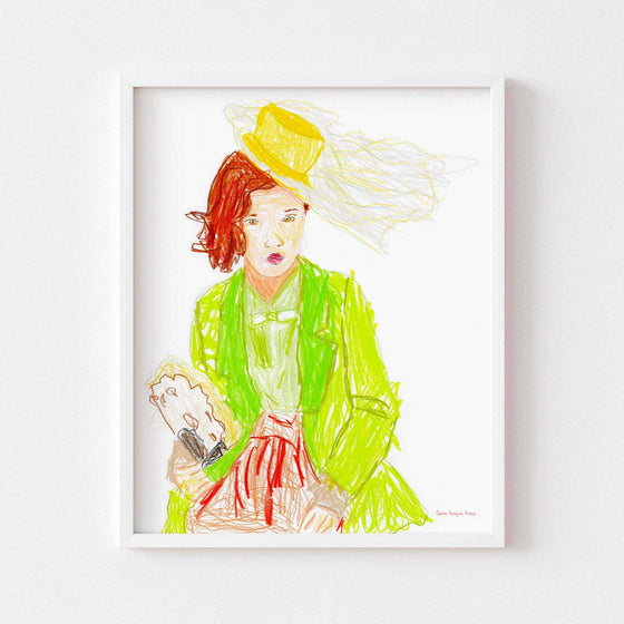 Contemporary wall art print of a girl in green framed in white.