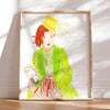 Neutral interior with a brightly coloured art print portrait of a girl wearing green.