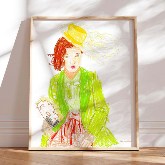 Neutral interior with a brightly coloured art print portrait of a girl wearing green.