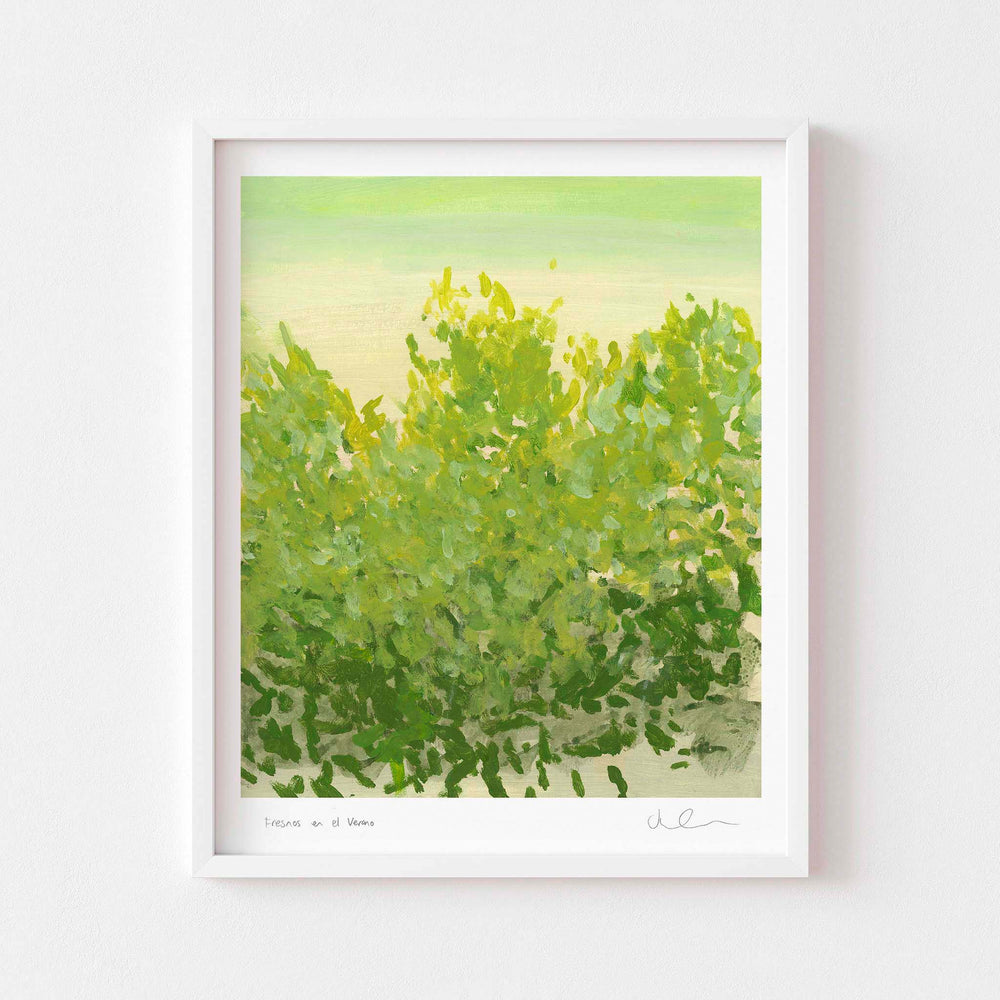 
                  
                    Contemporary green landscape wall art print framed in white.
                  
                