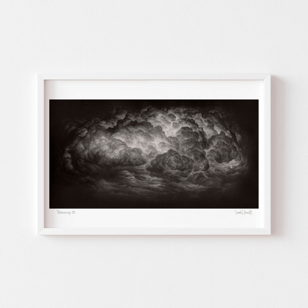 
                  
                    Large horizontal black and white art print of a cloud framed in white.
                  
                