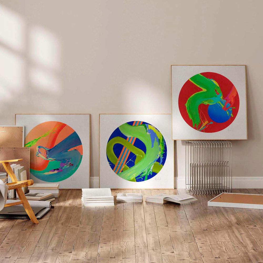 
                  
                    Trio of modern abstract art prints in a Scandinavian interior.
                  
                