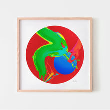  Circular red, green and blue art print in an oak frame.