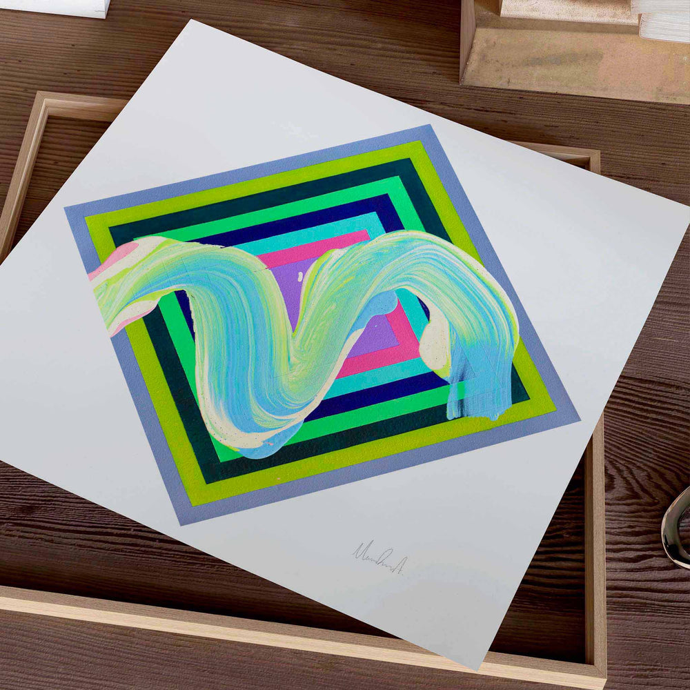 
                  
                    Square contemporary art print unframed on a wooden desktop.
                  
                