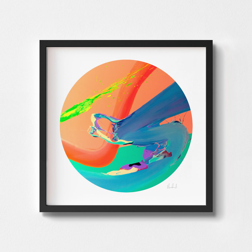 
                  
                    Abstract circle art print in a black frame.
                  
                