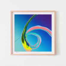  Blue, yellow and pink abstract wall art print in an oak frame.