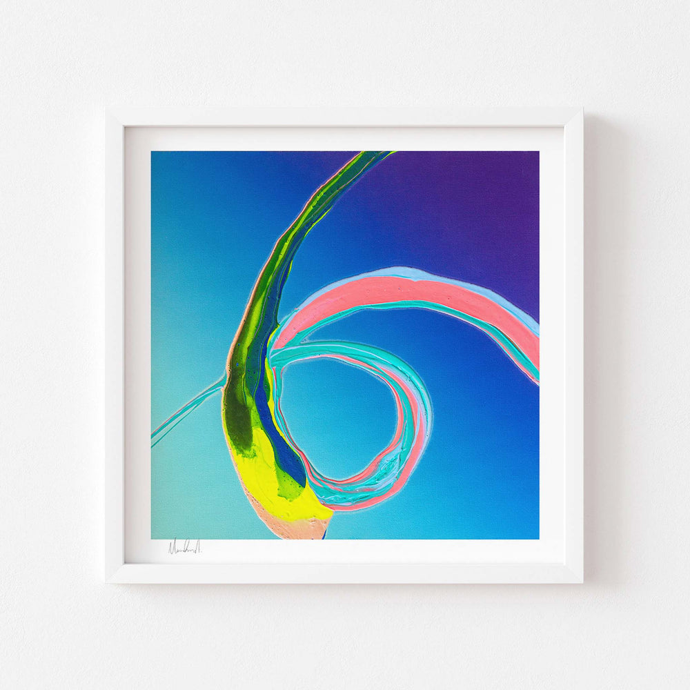 
                  
                    Bold blue art print in a white frame.
                  
                