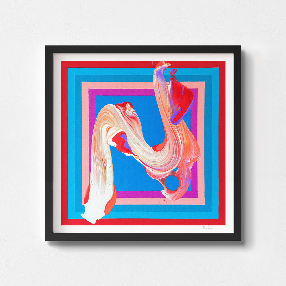 
                  
                    Bright red and blue modern abstract art print in a black frame.
                  
                