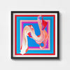 Bright red and blue modern abstract art print in a black frame.