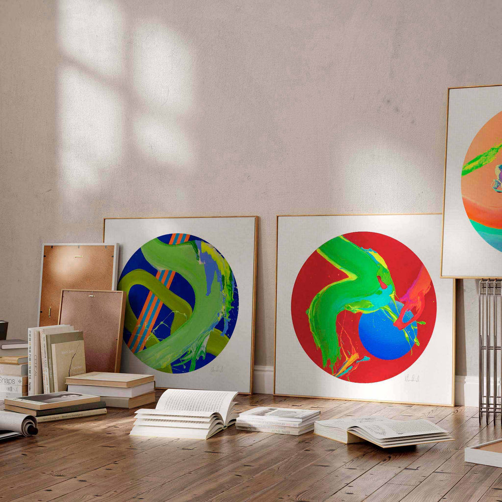 
                  
                    Colourful and abstract art prints in a neutral interior.
                  
                