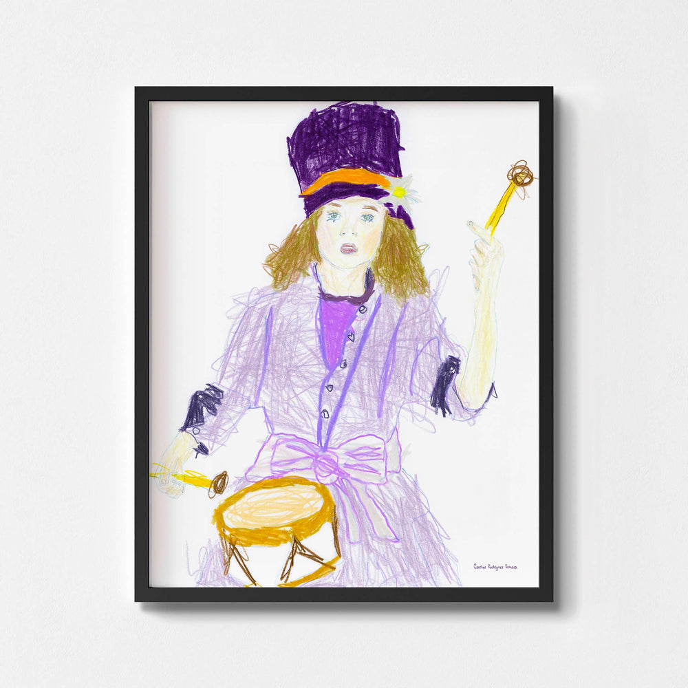 
                  
                    Modern art print portrait of a girl playing a drum framed in black.
                  
                