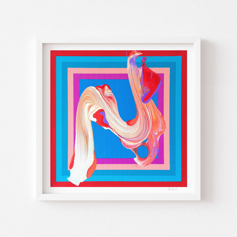 
                  
                    Red, blue and white contemporary art print in a white frame.
                  
                