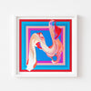 Red, blue and white contemporary art print in a white frame.