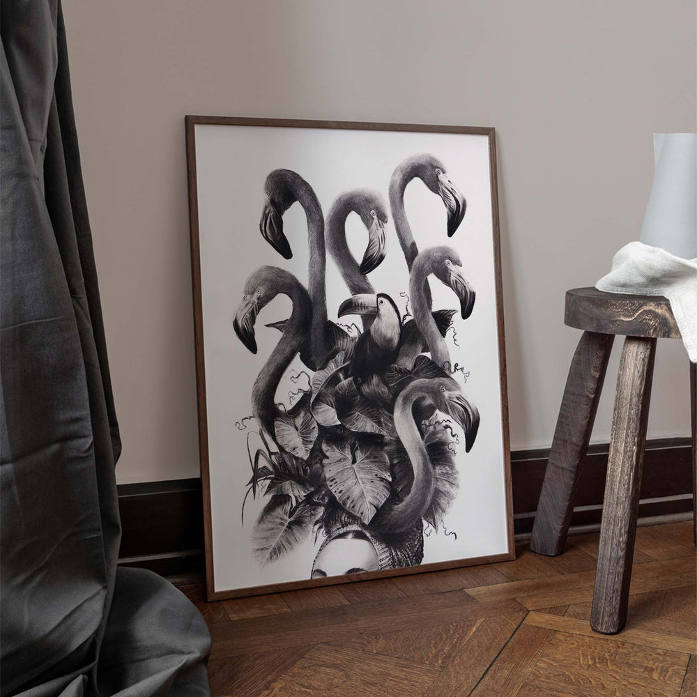 Black and white art wall print in a living room.