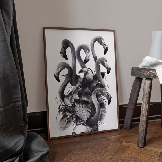 Black and white art wall print in a living room.