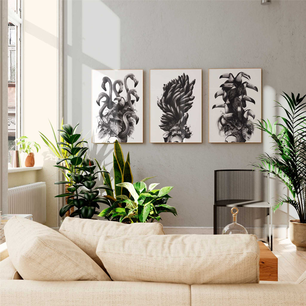 
                  
                    Set of three black and white art prints in a contemporary living room.
                  
                