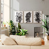 Set of three black and white art prints in a contemporary living room.