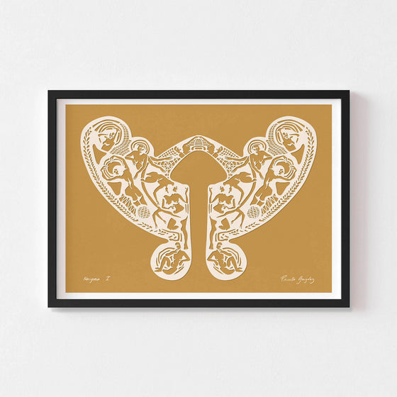 Yellow paper cut art wall print framed in black.