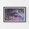 Large contemporary wall art print of an abstract landscape framed in blck.