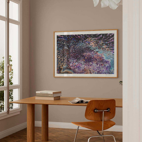 Large horizontal wall art print framed and displayed in a modern home office.