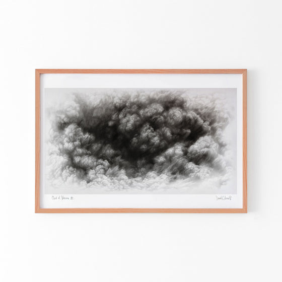 Horizontal monochrome art print of a cloud in an oak frame.