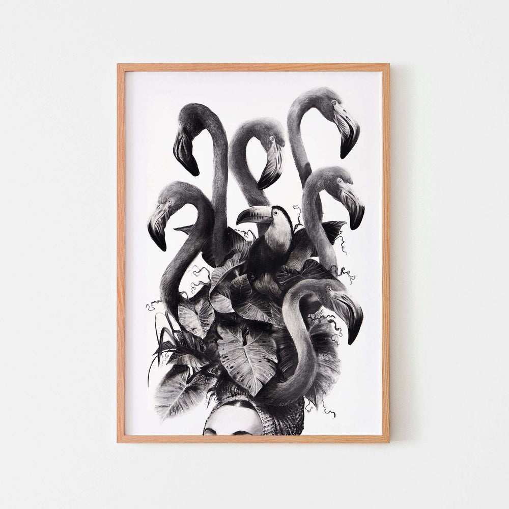 
                  
                    Monochrome wall art poster of a lady with a flamingo headdress in an oak frame.
                  
                