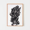 Monochrome wall art poster of a women in a banana headdress framed in oak.