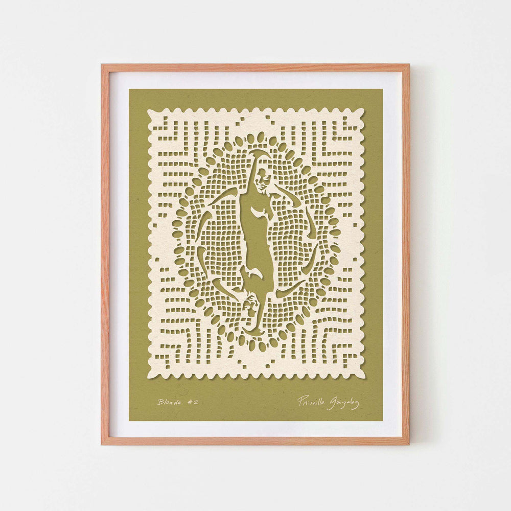 
                  
                    Green female figures papercut art print in an oak frame.
                  
                