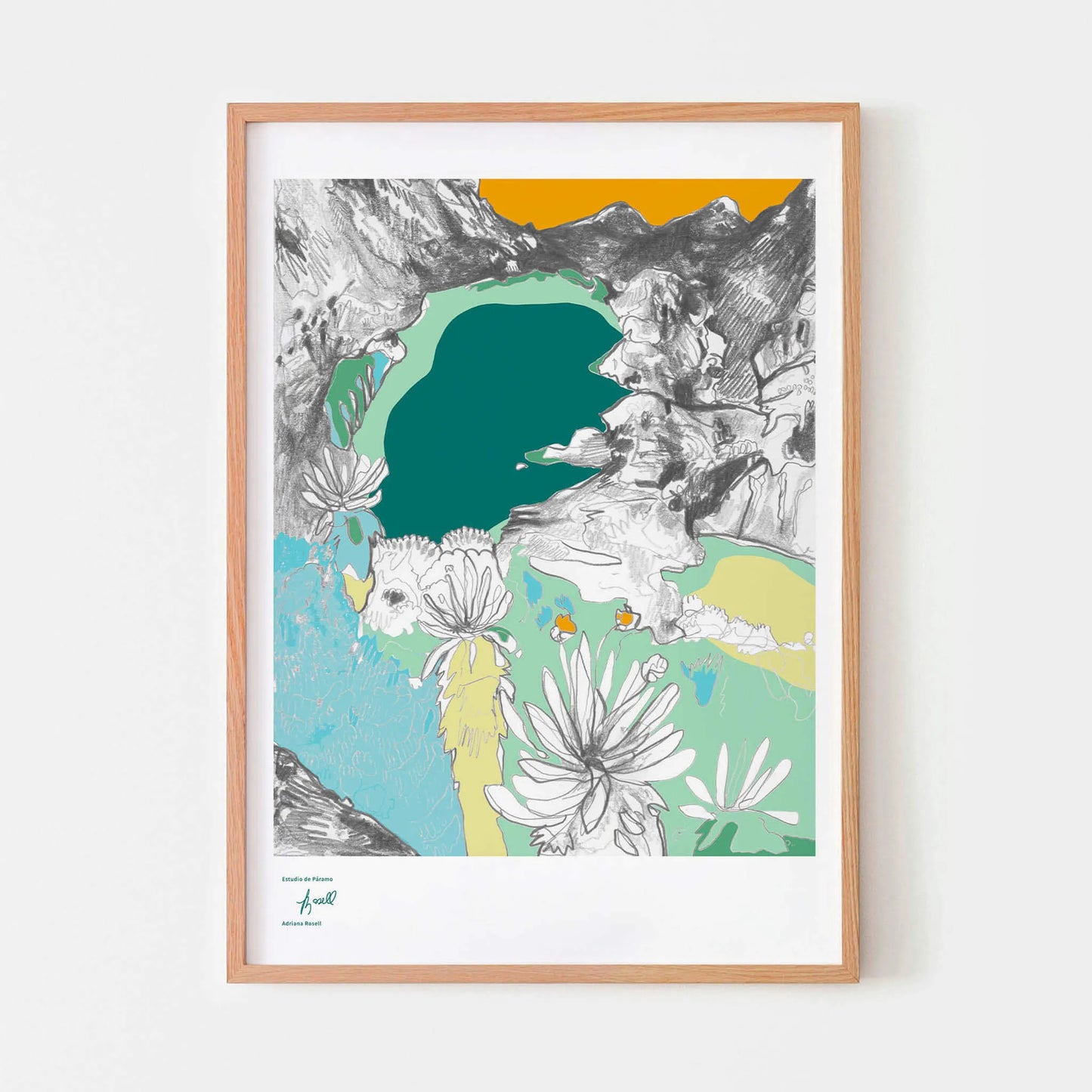 Framed artwork of a mountain landscape with a lake and floral elements on a white wall.